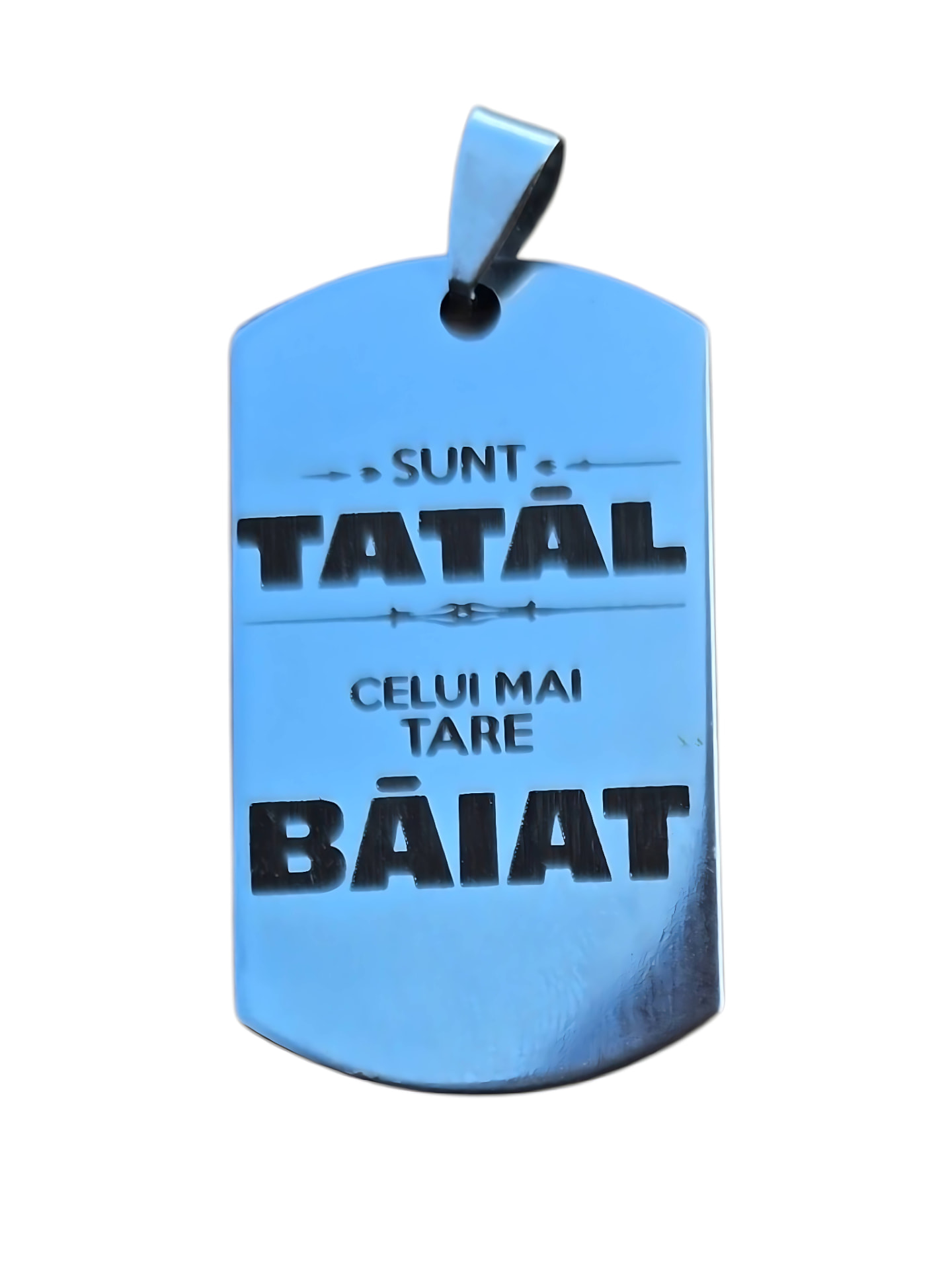 Breloc Gravat Inox — "Sunt tatăl celui mai tare băiat" — breloc gravat din inox