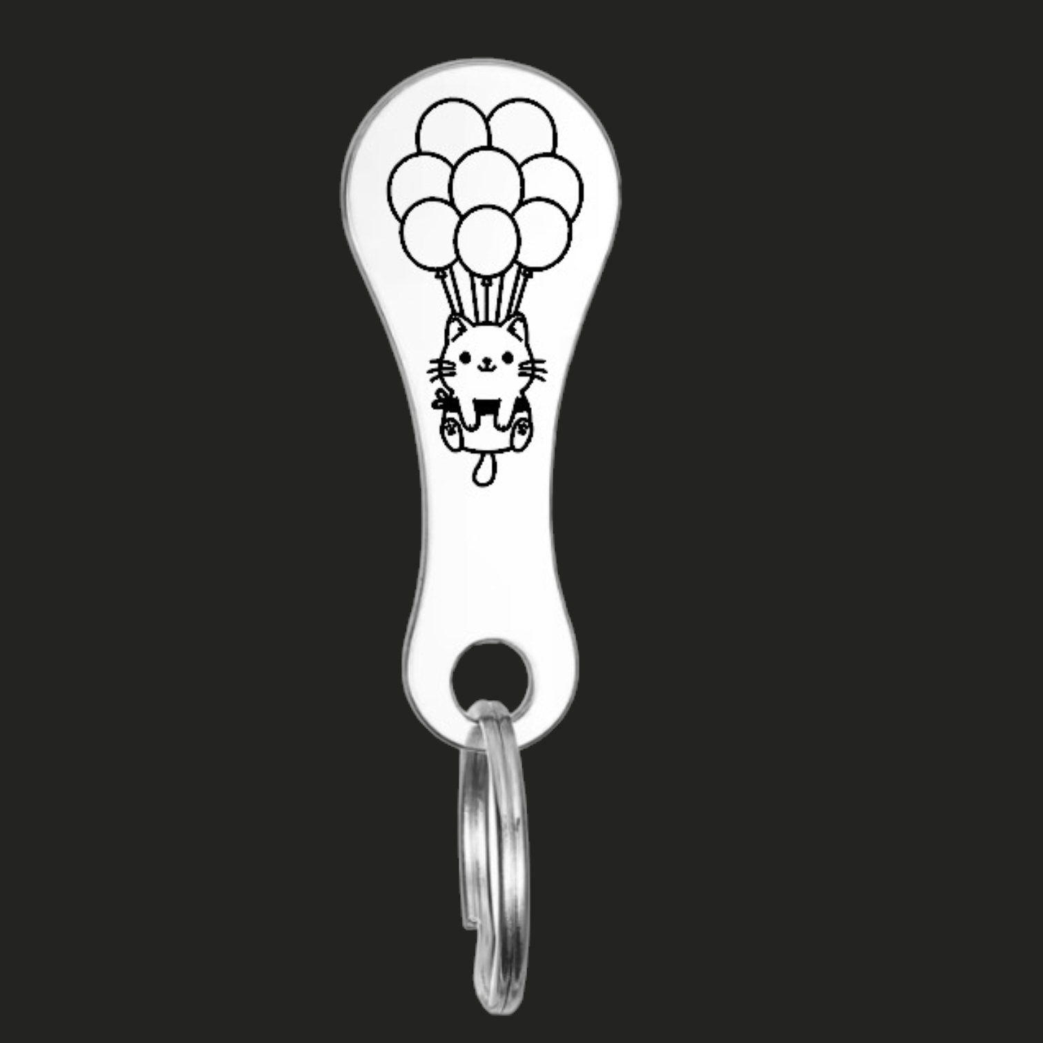 Breloc Inox — Pisică cu Baloane — breloc gravat din inox