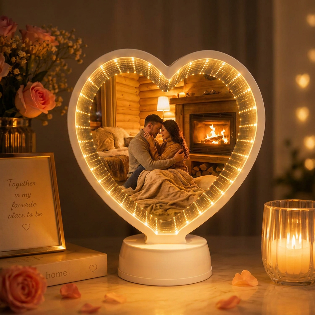 Oglindă LED Personalizată — Inimă INFINITY aprinsă, cu fotografie personalizată
